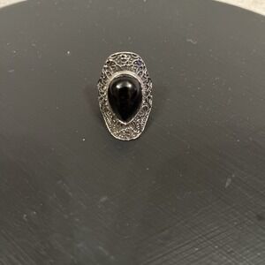 Gothic Style Ring 8 Silvertone Black Stone Unbranded
